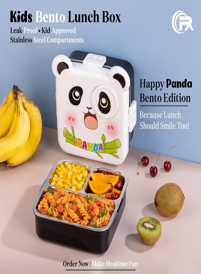 Primalite Kids Panda Theme Stainless Steel Bento Lunch Box for School, 3-Compartment, Sauce Jar & a Spoon, Leak-Proof with Seal Ring Design & Multiple Lock-Design Tiffin, Air-Tight- 1100ML- White - Image 2